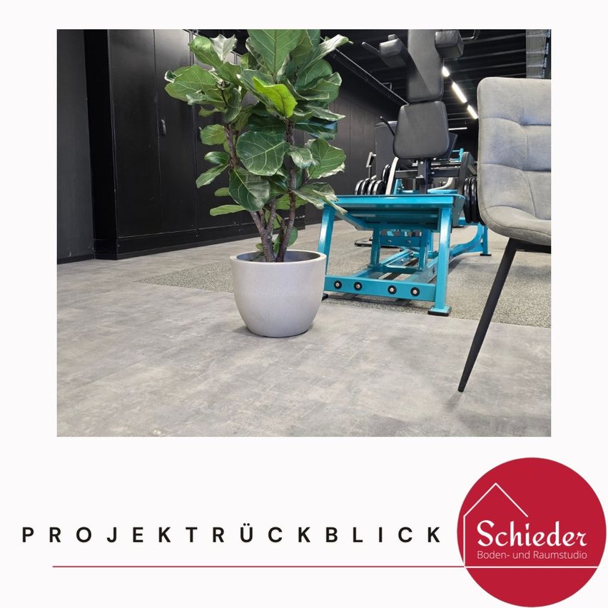 Ein Topf mit einer Pflanze in einem Fitnessstudio mit Trainingsgeräten und einem Stuhl. Der Boden hat eine graue Textur. Das Bild enthält den Text 'Projektrueckblick' und ein Logo für 'Schieder Boden-und Raumstudio.'