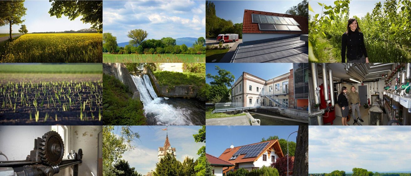 Sechs Bilder von architektonischer und natürlicher Landschaft: ein Feld, ein Feuerwehrwagen, ein Wasserfall, ein Haus mit Brücke, ein Turm und ein Haus mit Solarmodulen.