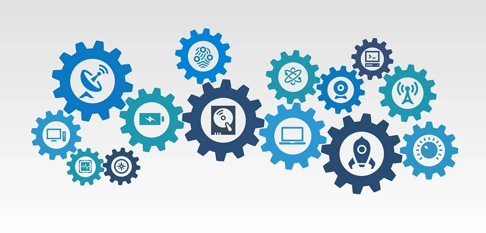 Eine Reihe von blauen Zahnrädern mit verschiedenen Symbolen, darunter eine Rakete, ein Satellit, ein Computer und mehr, auf einem weißen Hintergrund verstreut.