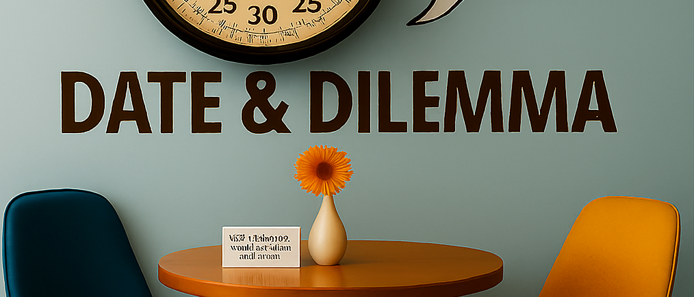 Ein Raum mit einem Tisch, Stühlen und einer Uhr an der Wand. Ein Blumenvase und eine Karte sind auf dem Tisch. An der Wand steht 'Date & Dilemma' mit einer Sprechblase, die sagt 'Würdest du lieber...'
