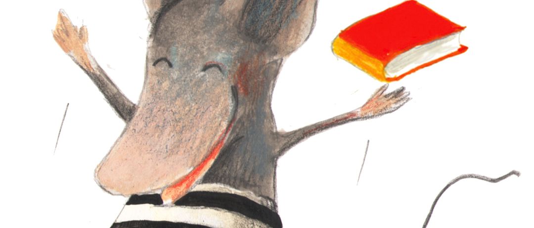 Eine Illustration einer Maus in einem gestreiften Hemd, die ein Buch hält und in der Luft fliegt.