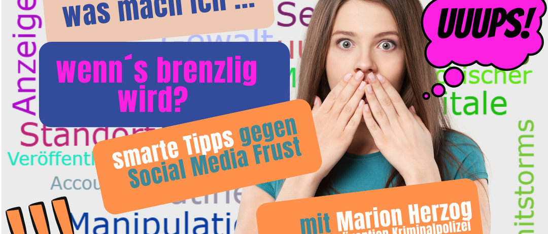 Eine junge Frau mit braunen Haaren bedeckt ihren Mund mit den Händen. Der Text lautet 'smarte Tipps gegen Social Media Frust'. Das Bild enthält überlagerten Text in mehreren Sprachen.