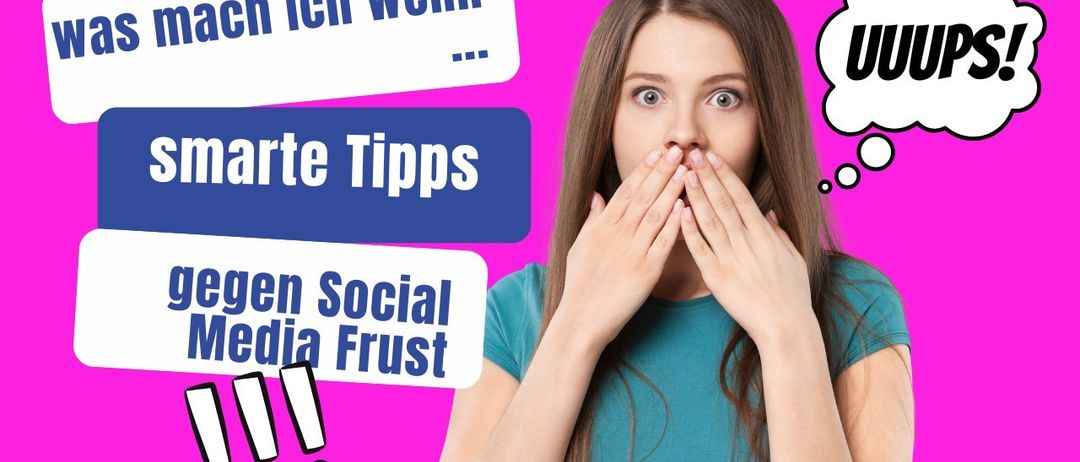 Eine Frau mit braunen Haaren bedeckt ihren Mund mit den Händen. Sie steht vor einem rosa Hintergrund mit dem Text 'ch ich wenn arte Tipps gen Social Media Frust'.