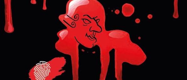 Eine rote Illustration eines Dämons mit einem breiten Mund und wütenden Augen, der roten Bluttropfen gegen einen schwarzen Hintergrund verströmt.