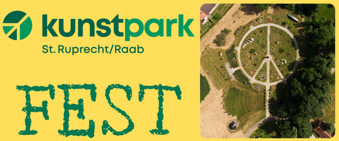 Ein Werbeposter für das Kunstpark Fest, mit einem grünen Logo und einem gelben Hintergrund, der einen Luftaufnahme eines Gartens mit Friedenssymbol zeigt.