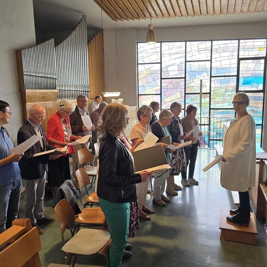 A group of people are standing and holding music sheets, probably singing in a church.