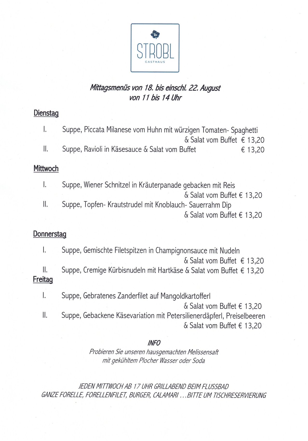 Weekly menu from August 18 to August 22, available from 11 am to 2 pm. Includes soup options with prices.