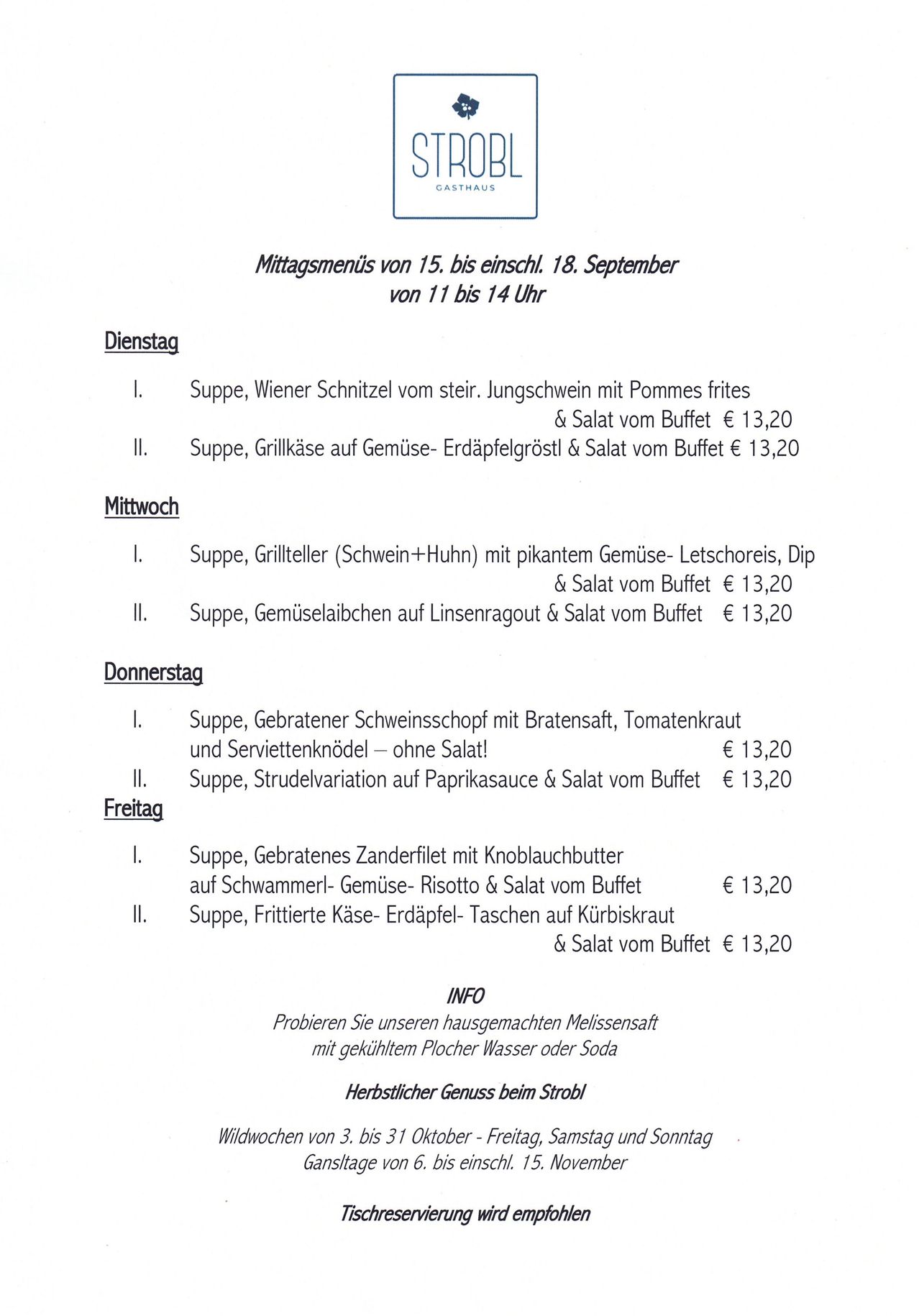 Menu from September 15th to 18th, 11 am to 2 pm. Includes soup, grilled meats, and salads. Each dish costs €13.20.