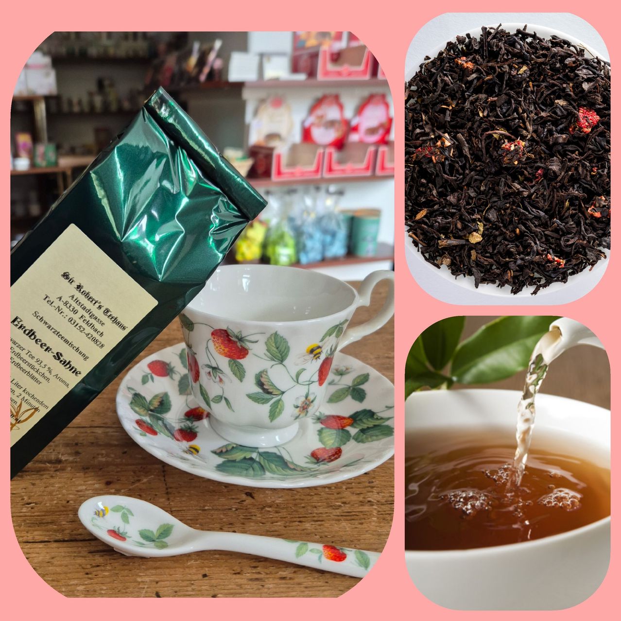 Eine Collage von Teeartikeln, einschließlich eines Teebeutels, einer Teetasse mit Untertasse, einem Löffel und einer Schüssel Tee, der aus einem Teekessel gegossen wird.