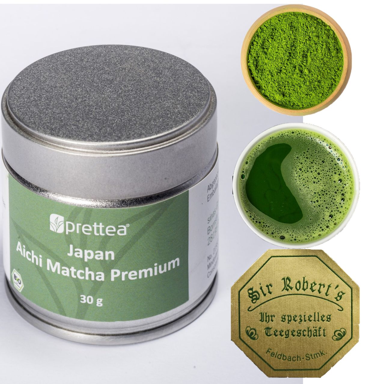 Eine Dose Japan Aichi Matcha Premium Teepulver, mit einer Schüssel Matcha-Pulver und einer Tasse Matcha-Getränk. Ein Etikett von Sir Roberts speziellem Teeladen ist sichtbar.