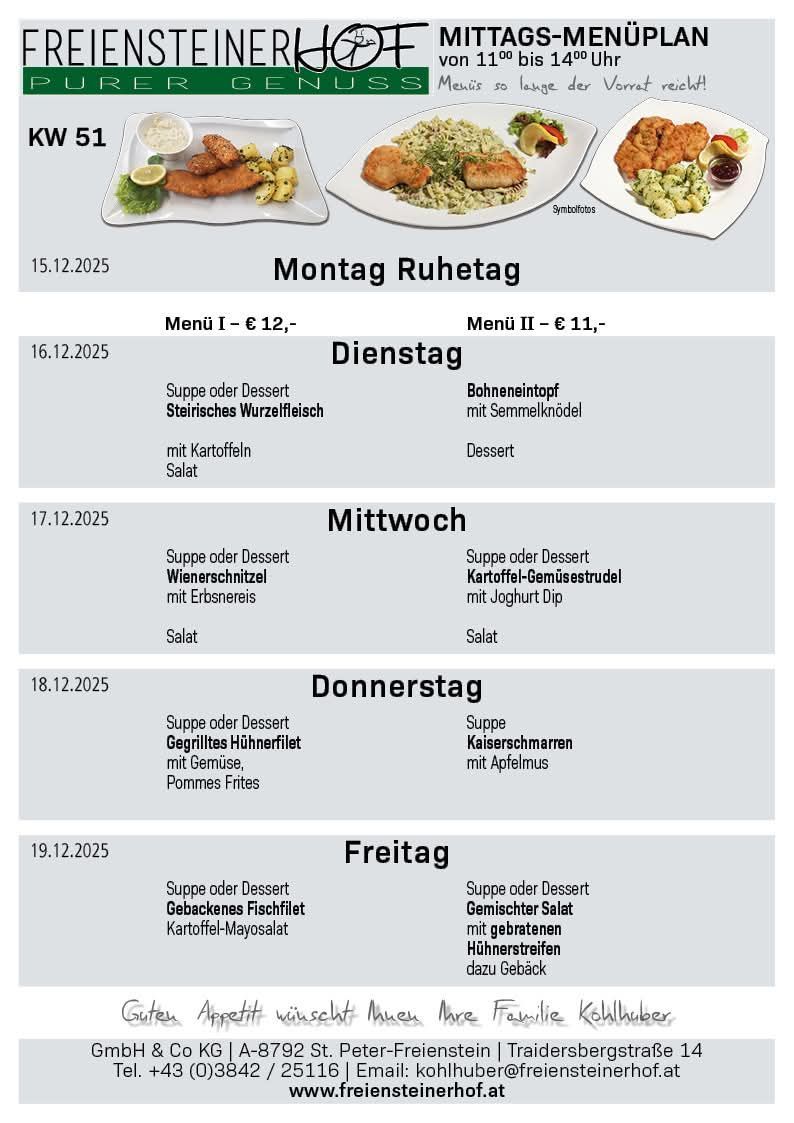 Ein Restaurantmenü für Dezember 2025. Es enthält eine Suppe oder Dessert-Option für jeden Tag, mit Preisen und spezifischen Gerichten für jeden Datum aufgeführt.