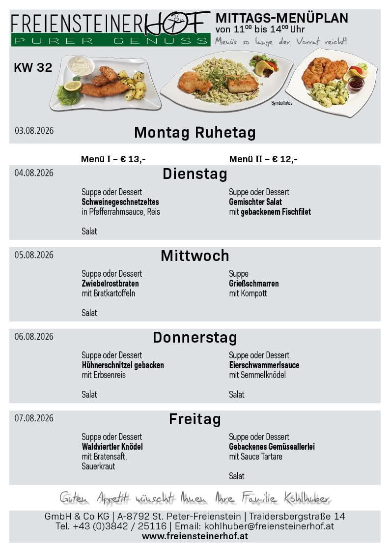 Wöchentliche Speisekarte für August 2026 mit Gerichten wie Schweinekoteletts, gemischter Salat und verschiedenen Desserts. Jeden Tag gibt es eine Suppe oder Dessert Option.