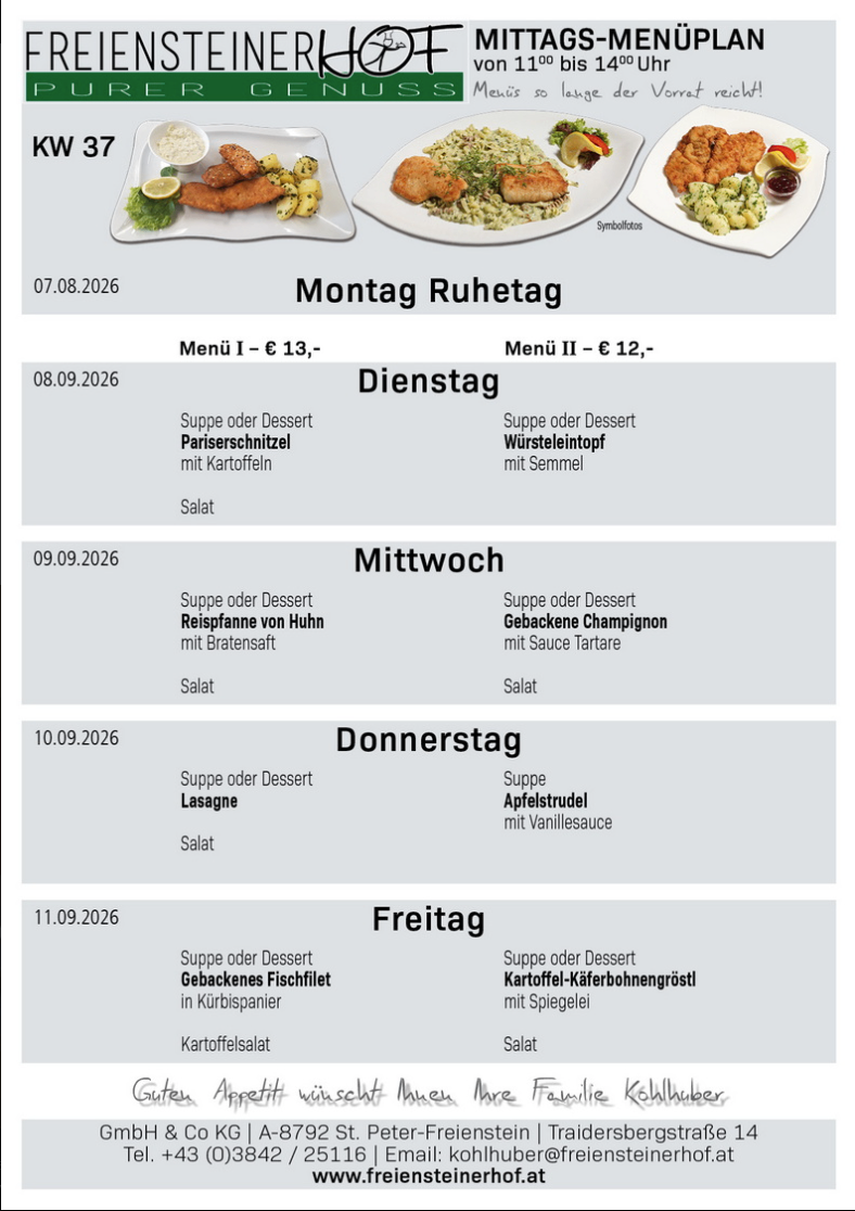 Wöchentliche Speisekarte eines Restaurants vom 07.08.2026 bis 11.09.2026 mit täglichen Gerichten und Preisen.