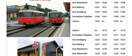 Ein Flyer für die 19. Liepacher Modellaustauschbörse am 1. Mai 2026 zeigt rote Züge, Fahrpläne und ein Gebäude mit Fahnen. Der Eintritt ist frei, und Sonderfahrten mit dem 'Roten Blitz' sind verfügbar.
