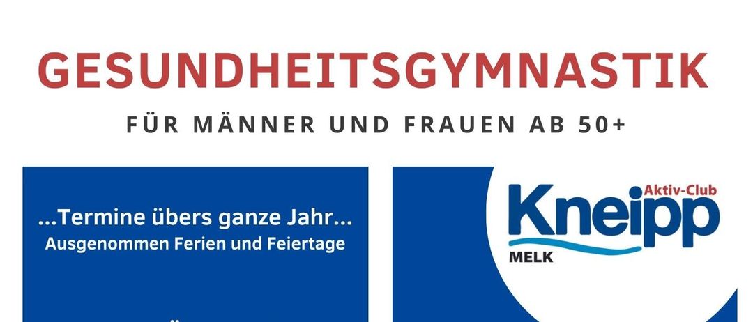 Poster für die Kneipp-Gruppe. Aktivitäten beinhalten kleine Übungen für Gesundheit und Vitalität. Geleitet von Andrea Dammere. Kurse jeden Mittwoch ab 14. Januar 2026. Ort: Life Club Atvero, 3390 Dorfnerstraße 71. Kosten: Mitglieder 90€ - Gäste 120€.