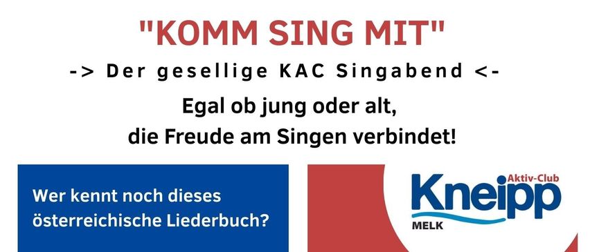 Das Bild bewirbt eine Gesangsveranstaltung im Wachauerhof Melk, Extrazimmer. Komme am Mittwoch, 15. April um 19:00 Uhr vorbei. Bitte bringe dein österreichisches Liederbuch mit, falls vorhanden. Kosten decken persönliche Verzehr und Vereinsausgaben ab.