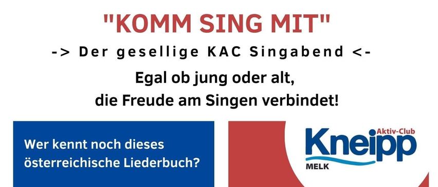 Eine Anzeige für Gesangsbegeisterte. Es lädt alle ein, an einer Gesangssitzung mit einem österreichischen Liederbuch teilzunehmen. Die Veranstaltung ist für Mittwoch, den 15. April, um 19:00 Uhr geplant. Details umfassen den Ort, die Kosten und die mitzubringenden Gegenstände.