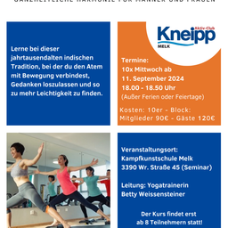 Ein Plakat über eine indische Yoga-Tradition mit einem Foto von Menschen, die Yoga praktizieren. Das Plakat zeigt Termine, Zeiten, Kosten und einen Ort für den Yoga-Kurs.