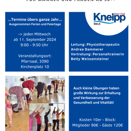Werbeposter für Kneipp Aktiv-Club-Sitzungen für Männer und Frauen über 50. Die Sitzungen finden jeden Mittwoch von 9:00 bis 9:50 Uhr statt, Feiertage ausgenommen. Der Veranstaltungsort ist Pfarrsaal, 3390 Kirchenplatz 10. Die Sitzung wird von der Physiotherapeutin Andrea Dammerer und der Personal Trainerin Betty Weissensteiner geleitet.