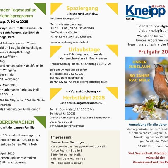 Flugblatt für einen Tagesausflug, Spaziergang in und um Melk, Urlaubsstage im Kurhaus in Bad Kreuzen, Herbstfahrt 2025, Monika Anna Wahringer für den Kneipp-Aktiv-Club Melk, Anmeldung für alle Veranstaltungen erforderlich.