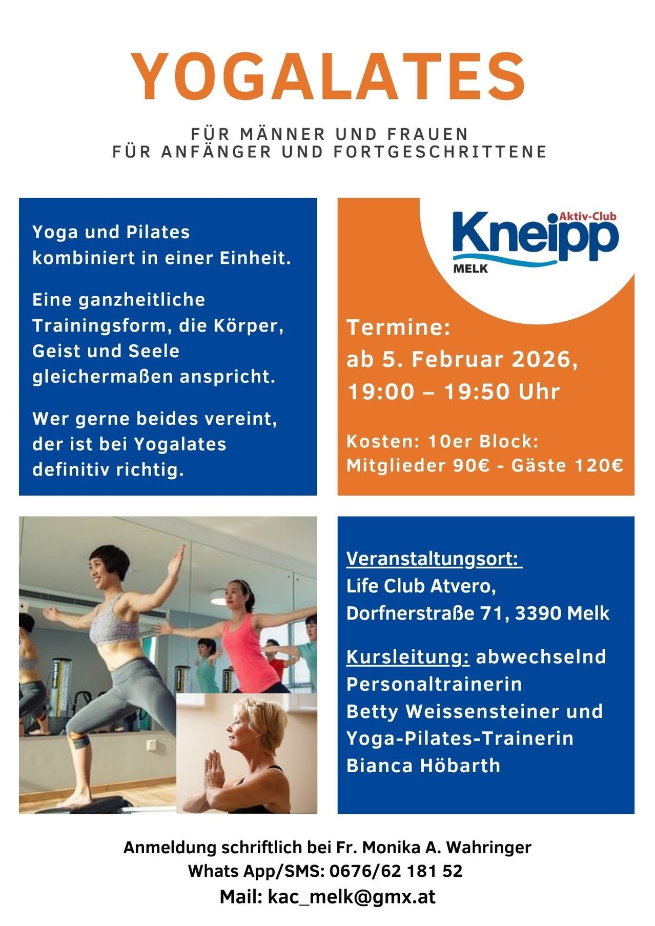 Werbeplakat für Kneipp Aktiv-Club Melk, das eine kombinierte Yoga- und Pilates-Einheit anbietet. Die Veranstaltung beginnt am 5. Februar 2026 von 19:00 bis 19:50 Uhr. Der Ort ist Life Club Avero, Dorfnerstraße 71, 3390 Melk. Die Kosten betragen 90€ für Mitglieder und 120€ für Gäste.