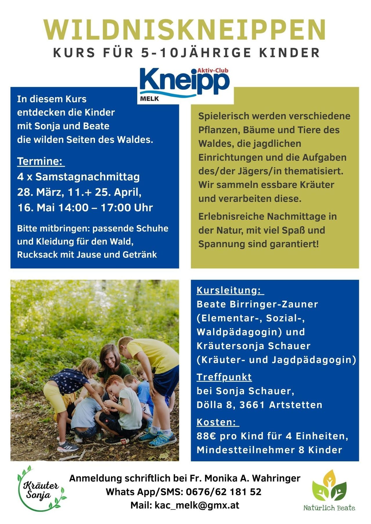 In diesem Kurs entdecken die Kinder mit Sonja und Beate die wilden Seiten des Waldes. Verschiedene Pflanzen, Bäume und Tiere des Waldes werden thematisch vorgestellt. Erleben Sie erlebnisreiche Nachmittage in der Natur, mit viel Spaß und Spannung garantiert!