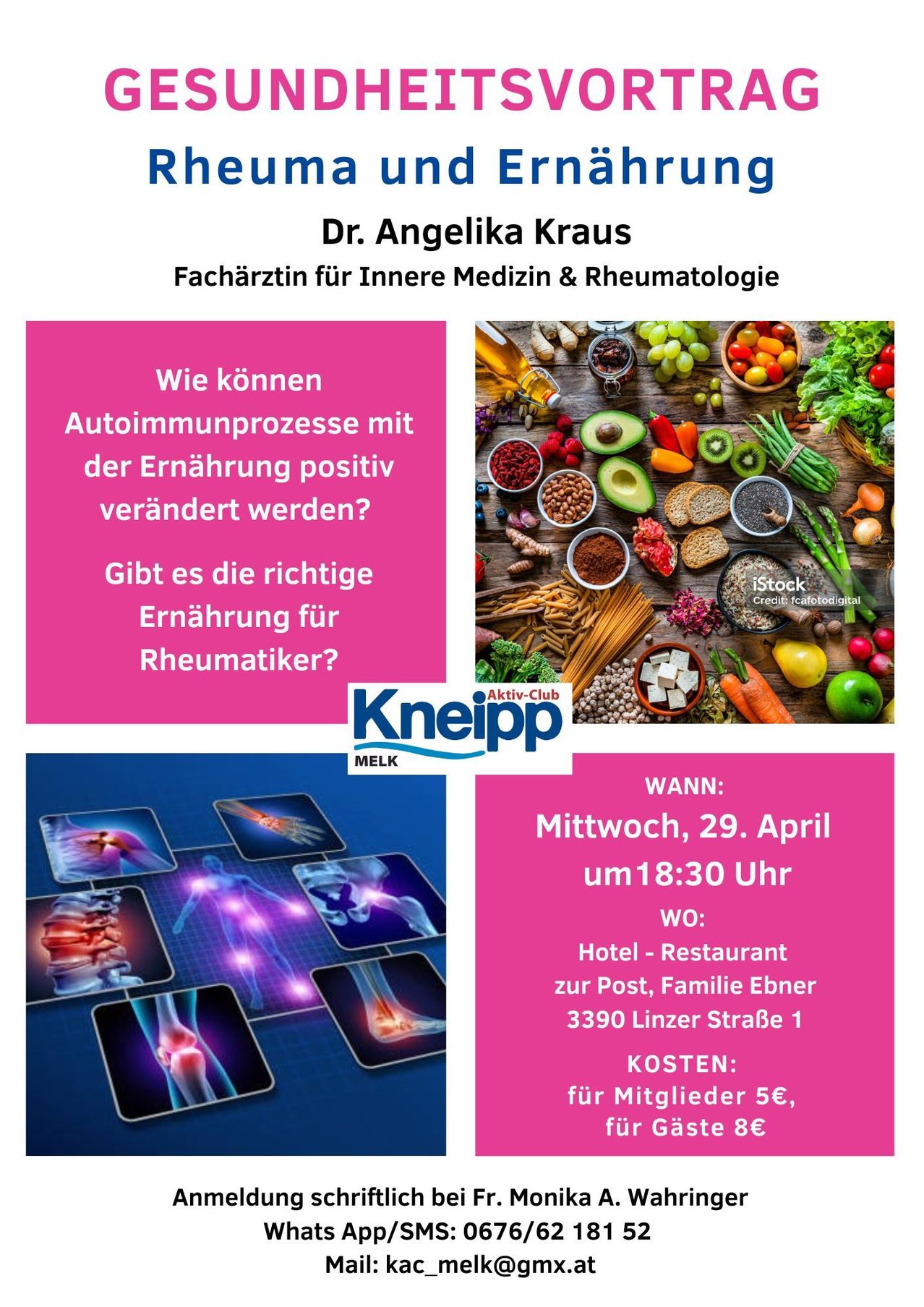 Das Poster bewirbt ein Treffen am 29. April um 18:30 im Hotel-Restaurant zur Post und bespricht die Rolle der Ernährung bei Autoimmunprozessen und deren Einfluss auf Rheuma. Es zeigt Bilder verschiedener Lebensmittel und eines Menschenkörpers, der verschiedene Bereiche hervorhebt.