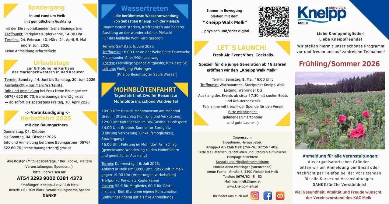 Plakat für Wassertreten-Event, mit Sebastian Kneipp. Geplant für Samstag, 6. Juni 2026, an der Wehr mit freiem Eintritt für Mitglieder. Geführt von Wolfgang Wahringer. Enthält QR-Code für weitere Informationen.