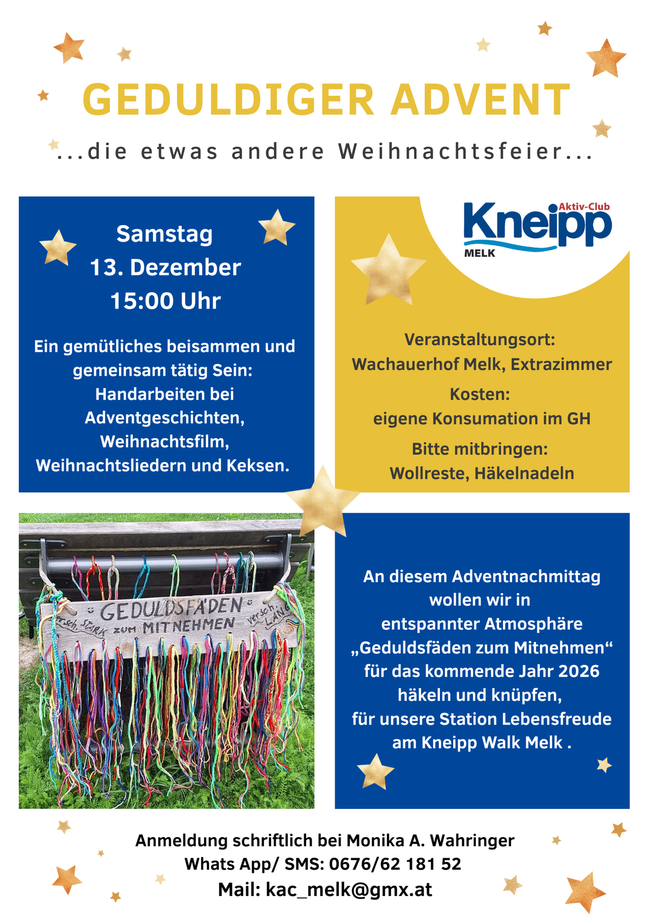 Das Bild zeigt ein Plakat für eine Veranstaltung am 13. Dezember um 15:00 Uhr, mit Aktivitäten wie Basteln, Weihnachtsliedern und einem Film. Es enthält auch einen Aufruf, Wolle und Nadeln für ein Bastelprojekt mitzubringen.