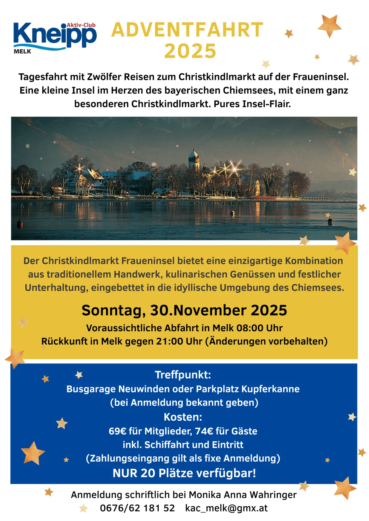 Tagesfahrt mit zweier Fähren zum Christkindlmarkt auf der Fraueninsel. Eine kleine Insel im Herzen des bayerischen Chiemsees, mit einem ganz besonderen Christkindlmarkt. Pures Insel-Flair.