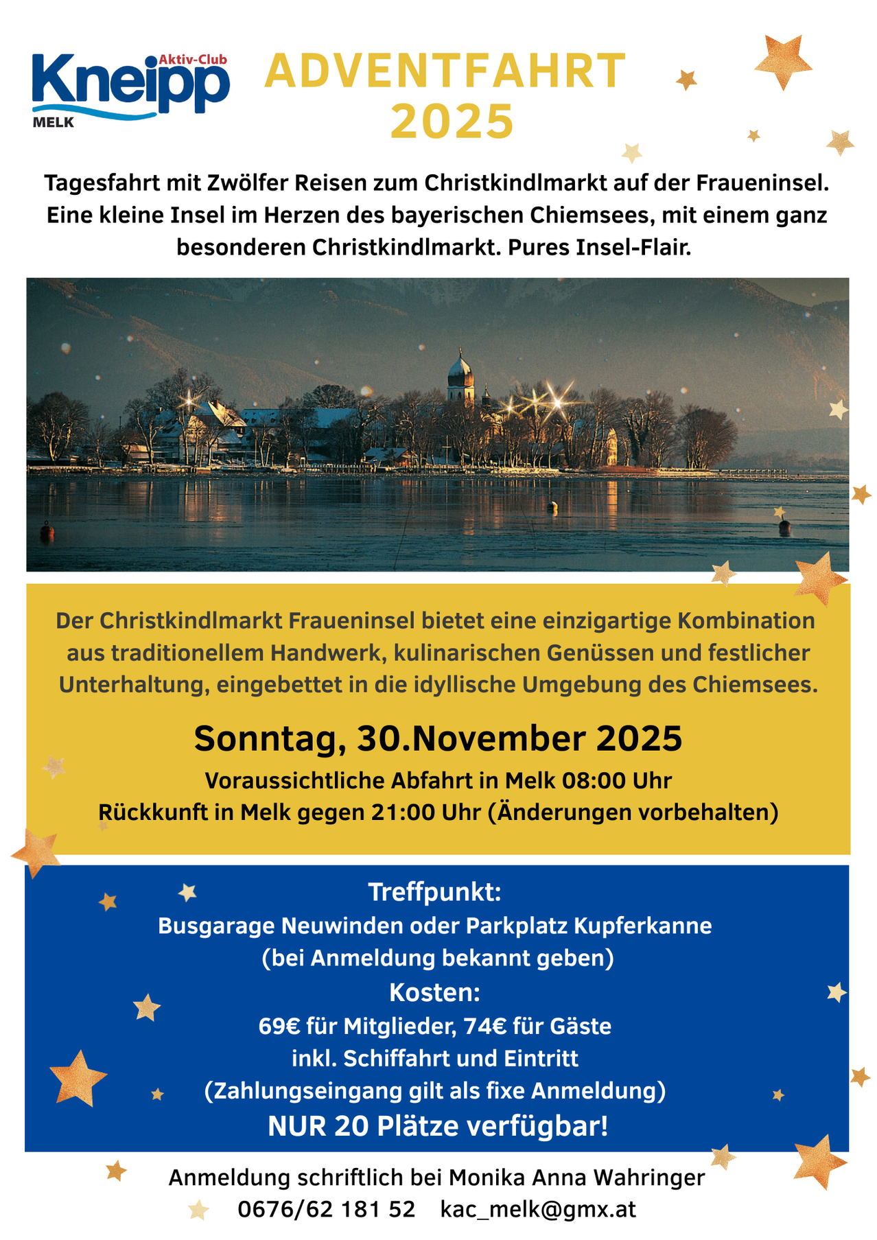Tagesfahrt mit zweier Fähren zum Christkindlmarkt auf der Fraueninsel. Eine kleine Insel im Herzen des bayerischen Chiemsees, mit einem ganz besonderen Christkindlmarkt. Pures Insel-Flair.