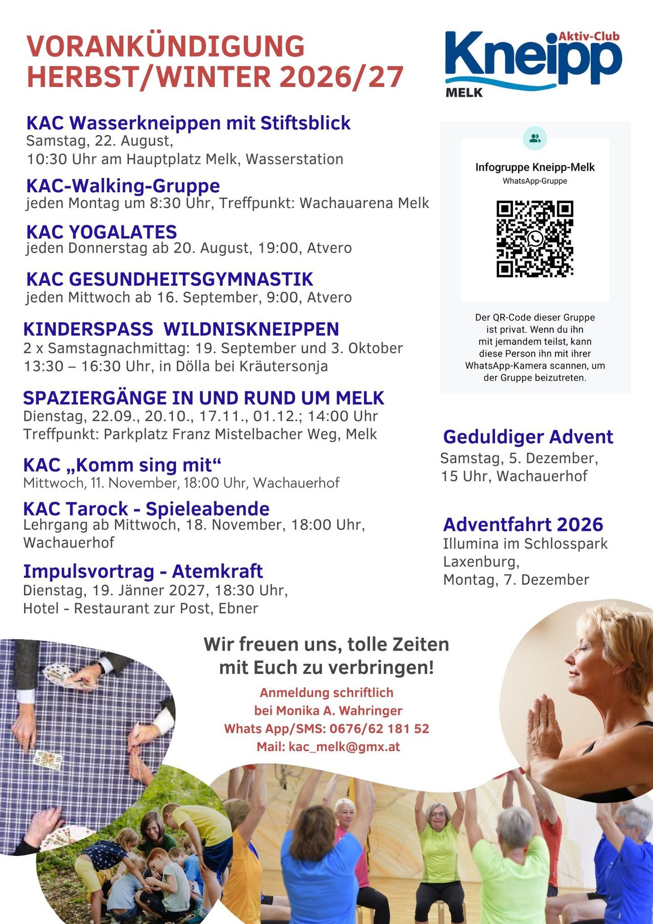 Ein Flyer mit verschiedenen Veranstaltungsdetails, einschließlich Walking-Gruppen, Yogalates, Gesundheitsgymnastik, Kinderwildniskneipen und Spaziergängen. Es enthält auch einen QR-Code für eine private Gruppe.
