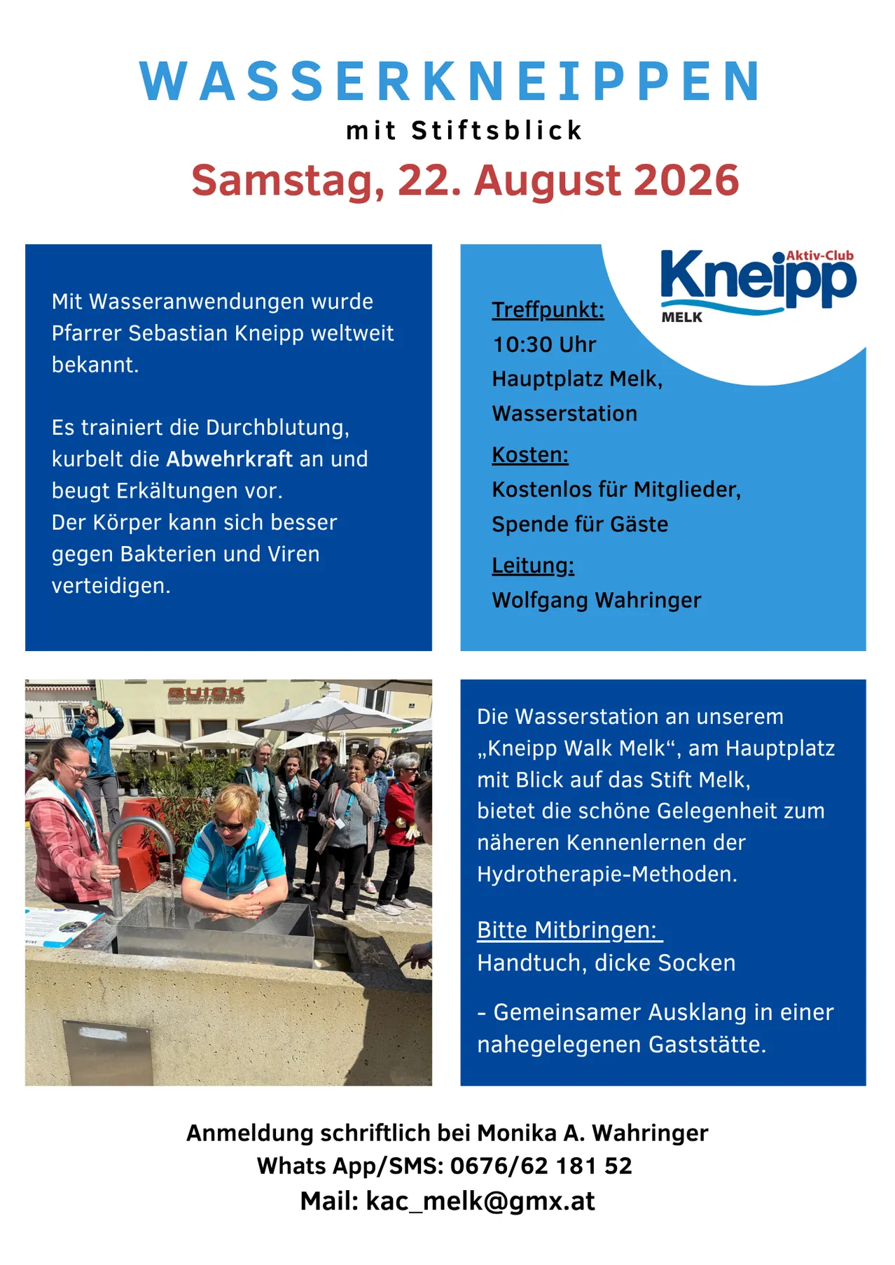 Ein Flyer mit einer Gruppe von Menschen, die sich an einer Wasserstation die Hände waschen. Der Flyer enthält Informationen über die Veranstaltung Kneipp Walk Melk, einschließlich des Treffpunkts, der Zeit und des Ortes.
