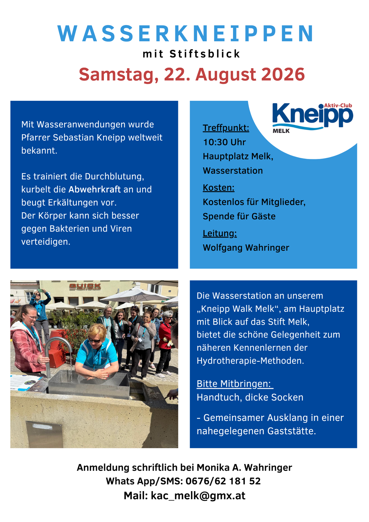 Ein Flyer mit einer Gruppe von Menschen, die sich an einer Wasserstation die Hände waschen. Der Flyer enthält Informationen über die Veranstaltung Kneipp Walk Melk, einschließlich des Treffpunkts, der Zeit und des Ortes.