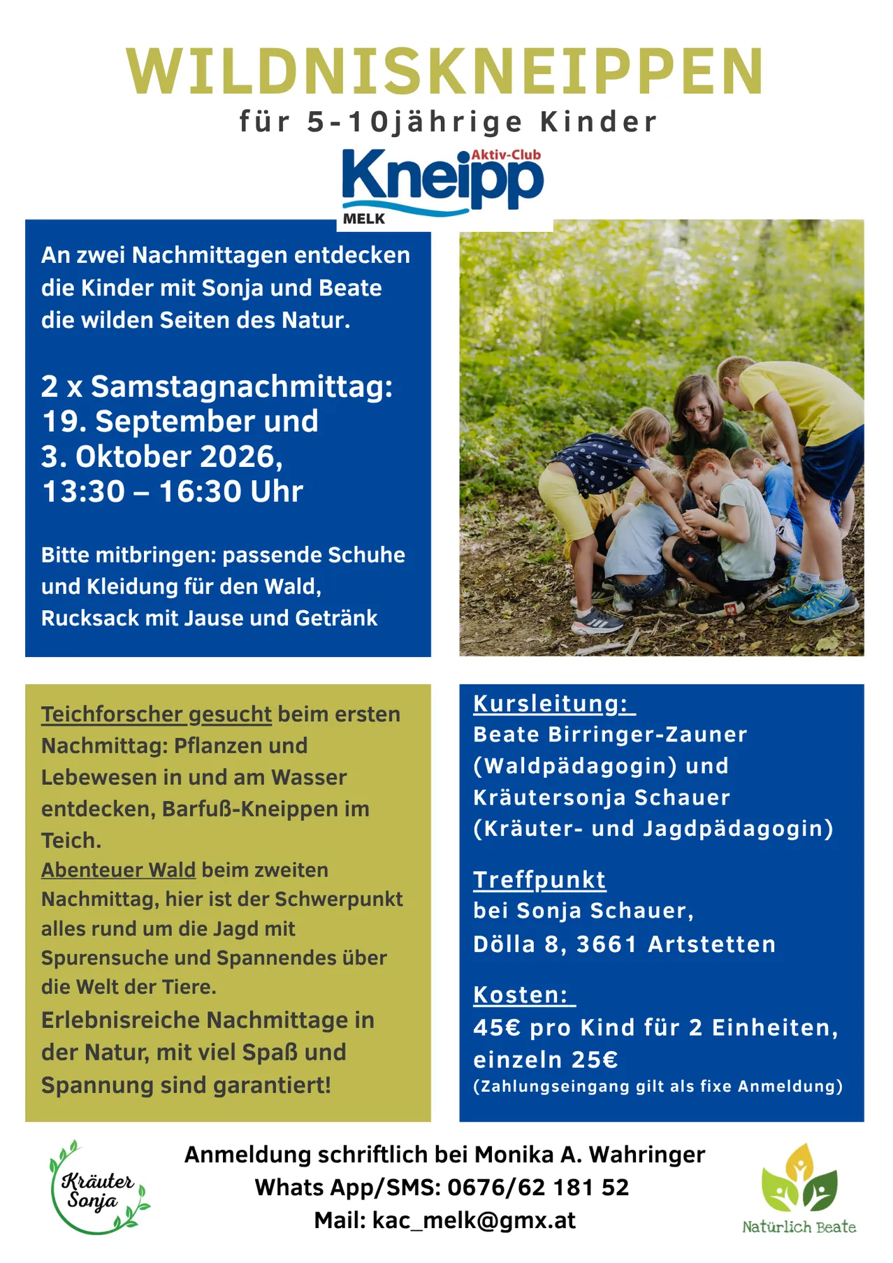 Ein Flyer, der zwei naturthematische Abendveranstaltungen für Kinder mit Sonja und Beate ankündigt. Die Veranstaltungen sind für zwei Samstagabende im September und Oktober 2026 geplant. Der Flyer enthält Details zu den Treffzeiten, erforderlichen Mitzubringen und dem Treffpunkt.