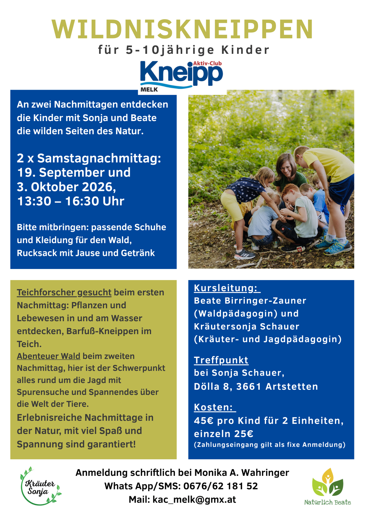Ein Flyer, der zwei naturthematische Abendveranstaltungen für Kinder mit Sonja und Beate ankündigt. Die Veranstaltungen sind für zwei Samstagabende im September und Oktober 2026 geplant. Der Flyer enthält Details zu den Treffzeiten, erforderlichen Mitzubringen und dem Treffpunkt.