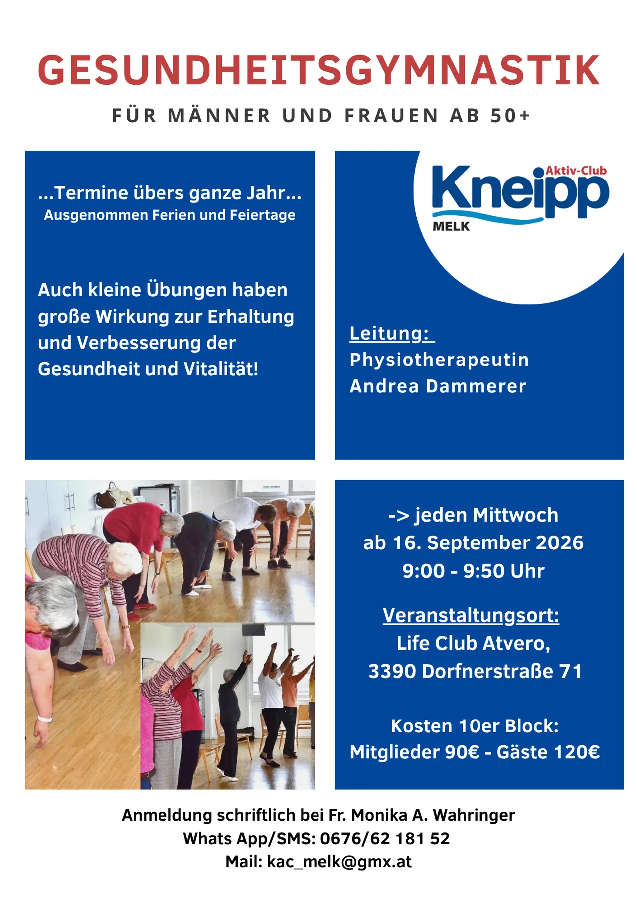 Ein Flyer für einen Gesundheitsgymnastikkurs für Männer und Frauen über 50. Der Flyer enthält ein Foto von Menschen, die Übungen machen, ein Logo für Kneipp Aktiv-Club Melk und Details zum Kursplan, Ort und Kosten.