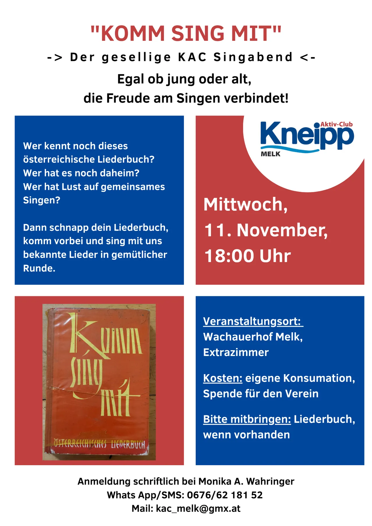 Ein Werbeplakat für eine Gesangsveranstaltung. Es zeigt ein Buch mit dem Titel 'Komm Sing Mit', ein Logo für Kneipp und Details zur Veranstaltung wie Datum, Uhrzeit und Ort.
