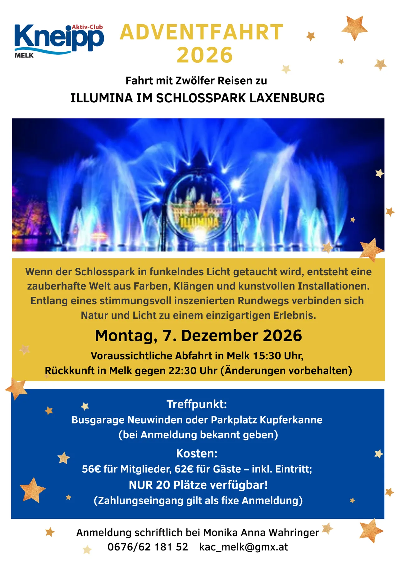 Ein Plakat für die Adventfahrt 2026 von Kneipp Aktiv-Club Melk. Das Plakat zeigt ein leuchtendes Bild einer Fontäne mit Lichtern und einer Burg in der Mitte, vor einem dunklen Hintergrund. Es enthält Details zur Veranstaltung, wie Datum, Uhrzeit und Treffpunkt.