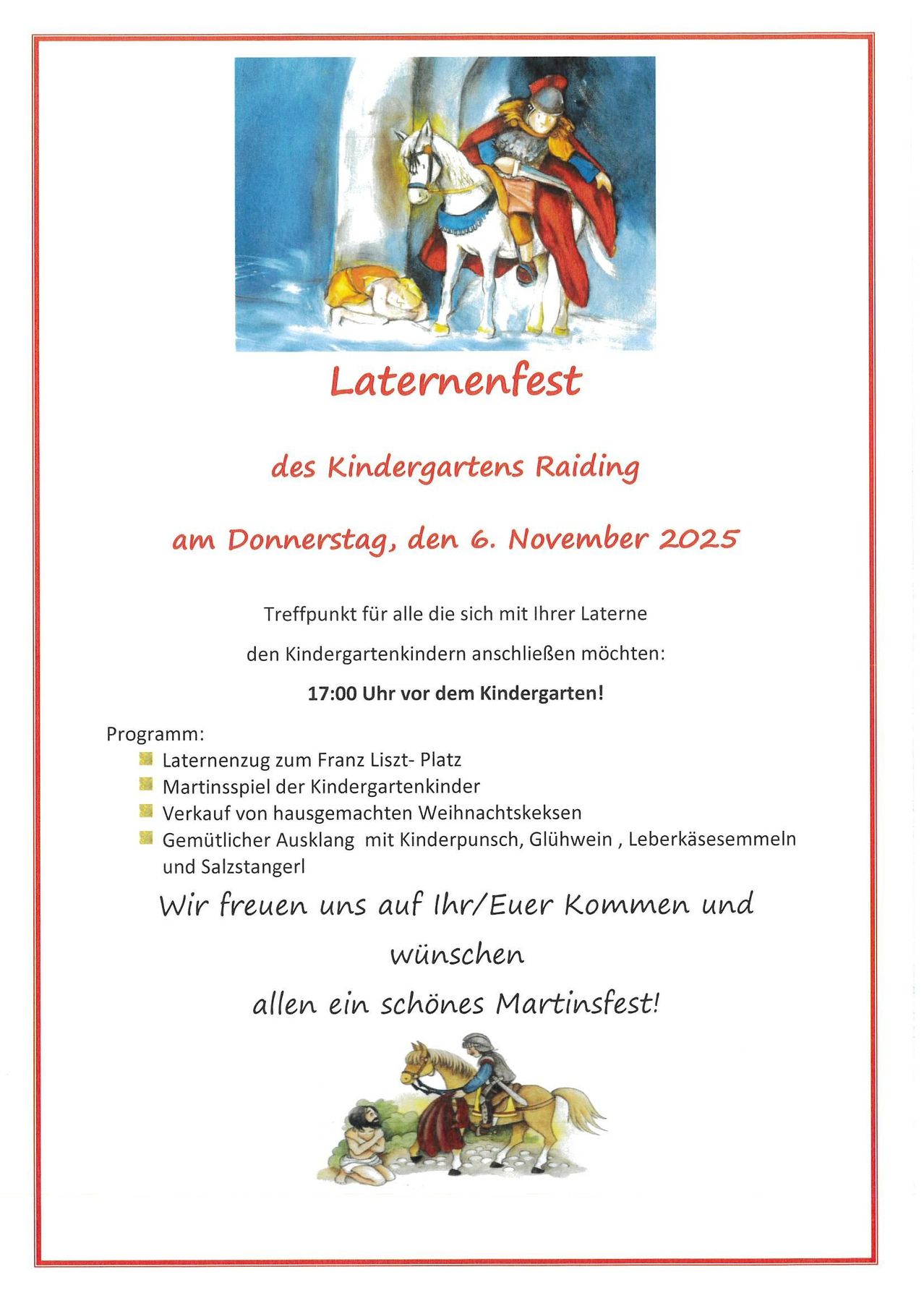 Plakat für das Laternenfeld des Kindergartens Raiding am Donnerstag, 6. November 2025. Es zeigt einen Treffpunkt für alle, die sich mit ihren Laternen den Kindergartenkindern anschließen möchten. Aktivitäten umfassen einen Laternenumzug zum Franz Liszt-Platz, ein Kinder-Martinsspiel und den Verkauf von selbstgemachten Weihnachtsplätzchen.