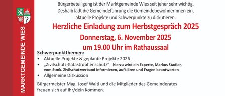 Eine Gemeindeversammlung lädt die Bewohner zur Diskussion aktueller Projekte und Schwerpunkte ein. Sie ist für Donnerstag, 6. November 2020, um 19.00 Uhr im Rathaus geplant. Themen sind Projekte und geplante Projekte für 2026, mit Fokus auf Zivilschutz. Ein Experte, Markus, wird informieren, erklären und Fragen beantworten. Bürgermeister Josef Waltl und Gemeindemitglieder freuen sich auf Ihr Kommen.
