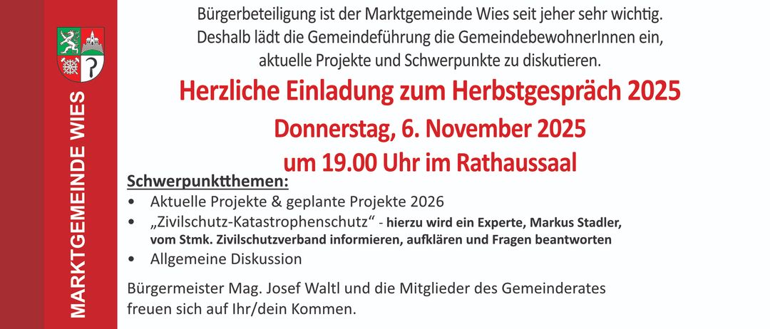 Eine Gemeindeversammlung lädt die Bewohner zur Diskussion aktueller Projekte und Schwerpunkte ein. Sie ist für Donnerstag, 6. November 2020, um 19.00 Uhr im Rathaus geplant. Themen sind Projekte und geplante Projekte für 2026, mit Fokus auf Zivilschutz. Ein Experte, Markus, wird informieren, erklären und Fragen beantworten. Bürgermeister Josef Waltl und Gemeindemitglieder freuen sich auf Ihr Kommen.
