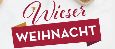 Weihnachtswerbung mit goldenen Ornamenten und Bändern, auf einem Marmorhintergrund mit dem Text 'Wieser WEIHNACHT am Marktplatz' in einem roten Banner.