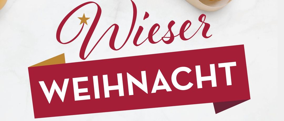 Eine festliche Feiertagsanzeige für 'Wieser Weihnachten' am Marktplatz mit goldenen Ornamenten und Bändern auf Marmorhintergrund.