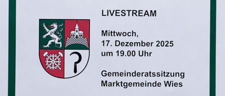 Ein Plakat bewirbt einen Livestream der Gemeinderatssitzung von Wies am Mittwoch, 17. Dezember 2025, um 19:00 Uhr. Ein Wappen mit Löwe, Turm und Fragezeichen ist abgebildet.