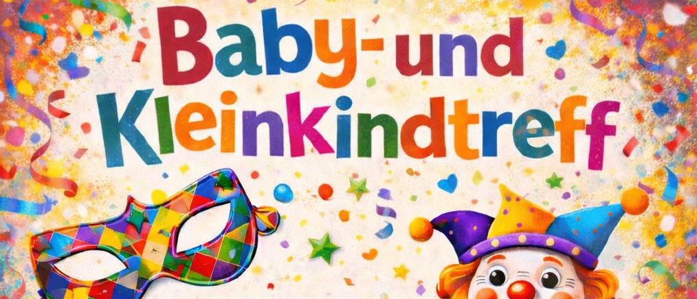 Klenk Kindertreff-Poster für den 4. Februar 2026 mit Clowns, Masken und Luftballons, einschließlich Anmeldeinformationen.