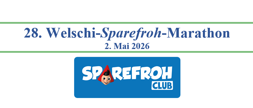 Plakat für den 28. Welsch-Sparfroh-Marathon am 2. Mai 2026. Das Plakat zeigt einen blauen Hintergrund mit dem Logo eines Cartoon-Charakters in einem roten Hut, mit den Worten 'Sparfroh Club'. Das Datum der Veranstaltung ist in blauem Text auf einem grünen Rand angezeigt.
