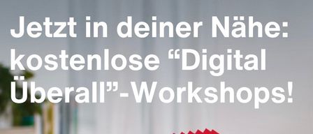 A hand holding a pixelated handshake image on a laptop screen, promoting free digital workshops.