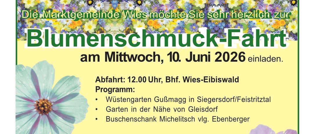 Die Exkursion am Mittwoch, 10. Juni 2026, startet um 12:00 Uhr von Bhf. Wies-Eibiswald. Das Programm umfasst einen Gartenbesuch in Siegersdorf, eine Tour in der Nähe von Gleisdorf und einen Halt bei Michelitsch vlg. Ebenberger. Anmeldung erforderlich bis Montag, 1. Juni 2026.