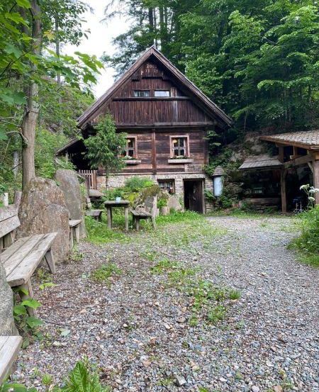 Ein rustikales Holzhaus im Wald mit einer Schotterauffahrt, Holzbänken und einem kleinen Tisch. Bäume umgeben das Gebiet, und rechts steht ein zweites Gebäude.